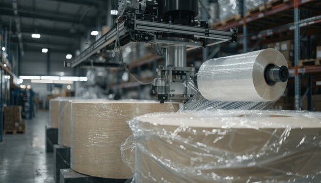 Gantry robot in medium shot smoothly maneuvering overhead to align and wrap massive paper rolls with protective film in a modern warehouse.