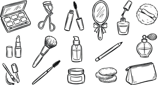 Hand drawn doodle cosmetics and makeup beauty tools icons set for salon fashion skincare vanity vector illustration