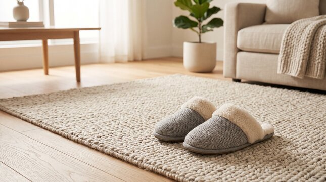 Cozy house slippers on textured wool rug in bright modern living room for home comfort and lifestyle advertising
