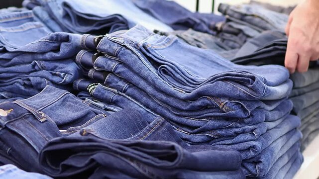 Customer choosing blue denim jeans from folded stacks on display in clothing store, close-up shopping for casual fashion apparel in retail
