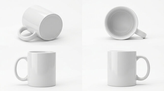 Four blank white coffee mugs on white background