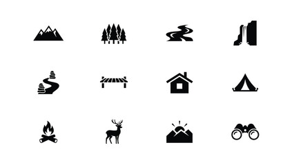 Minimalist black flat icons set with high contrast vector collection twelve icons depicting outdoor adventure themes mountains mountains wildlife camping © Parthokumar