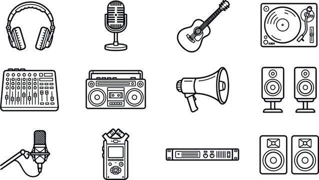 Audio studio music production gear line icons set with headphones microphone guitar turntable mixer speaker boombox vector