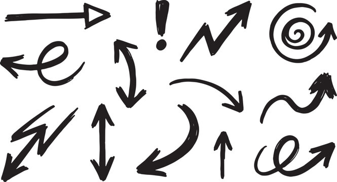 Hand-drawn black arrows and symbols on white background, abstract
