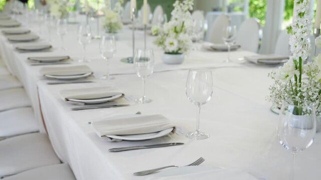 Beautifully arranged wedding reception table featuring white linens, glassware, and floral centerpieces, creating a serene dining atmosphere
