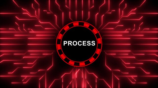 Futuristic digital process concept featuring glowing red circuit board patterns and animated data flow lines with a central circular interface for high-tech business technology and software
