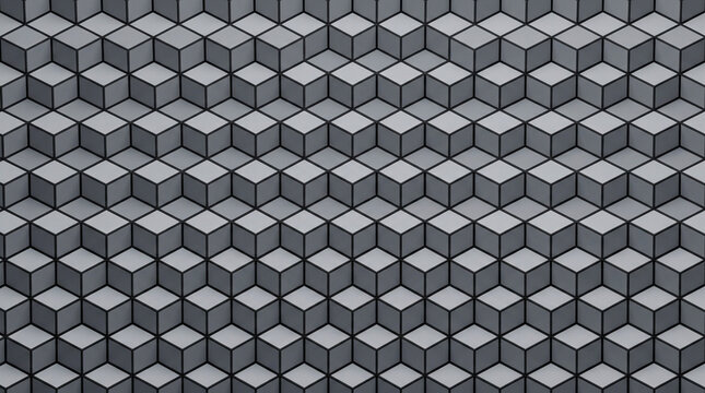 Geometric pattern of gray 3D cubes on dark background