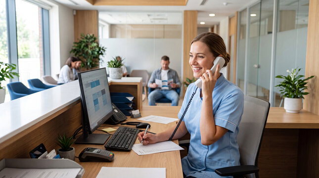 Young female nurse in scrubs talking on phone and working on laptop at clinic reception desk, healthcare administrator coordinating patient appointments in medical office