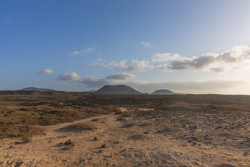 Fototapeta premium Desolate volcanic desert landscape with dirt path leading toward distant mountain cones