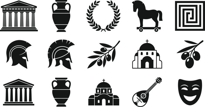 Ancient Greece culture and travel icons set with parthenon temple trojan horse spartan helmet amphora silhouette vector