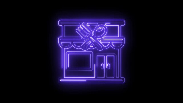 Neon purple glowing restaurant storefront icon with crossed fork and spoon on black background