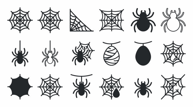 Spider Web Halloween Icon Set Flat Vector Symbol Creepy Arachnid EPS SVG Isolated White Background