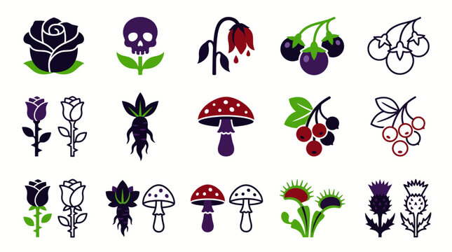 Halloween Dark Botanical Plants Icon Set Flat Vector Symbol Spooky Nature EPS SVG Isolated White Background