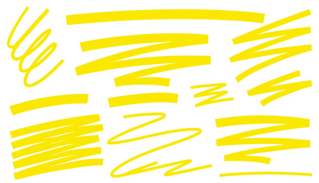 Set of highlight marker lines and strokes. Yellow transparent freehand pen or brush underlines for important text selection isolated on white background. Vector realistic illustration. vector