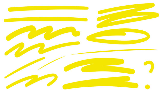 Set of highlight marker lines and strokes. Yellow transparent freehand pen or brush underlines for important text selection isolated on white background. Vector realistic illustration. vector