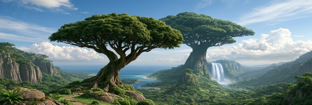 Lush fantasy landscape with ancient trees and waterfall nature conservation and biodiversity