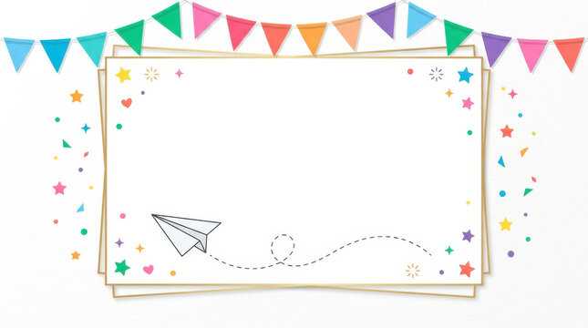 Creative classroom banner with blank paper frame, paper airplane and colorful decorations, representing back to school education, school events, learning, poster template and copy space