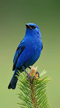 Vibrant Blue Bird Chirping on a Pine Tree Branch in Nature