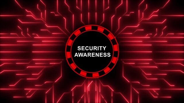 Cyber security awareness concept featuring glowing red digital circuitry background, with pulsing data, network lines and, futuristic hud interface, for corporate information, technology protection th