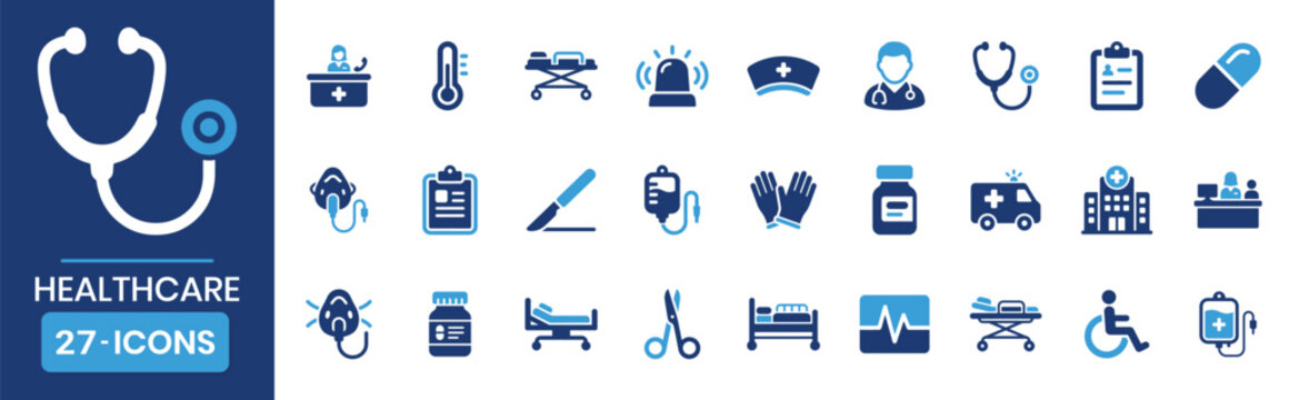 Healthcare essentials pictogram style fill color set Vector illustration