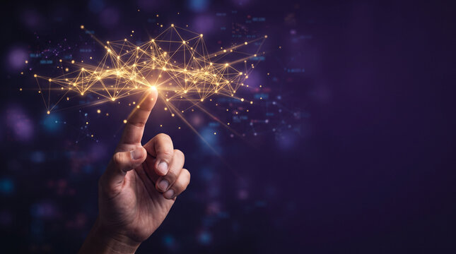 Human hand pointing at glowing golden digital network connection representing global communication technology artificial intelligence future.
