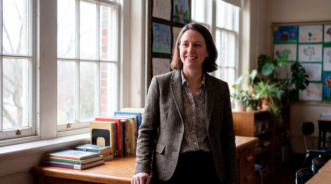 Confident female teacher smiling in sunlit classroom with books and student artwork