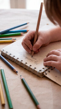 Young child handwriting title in notebook with colored pencils on craft paper