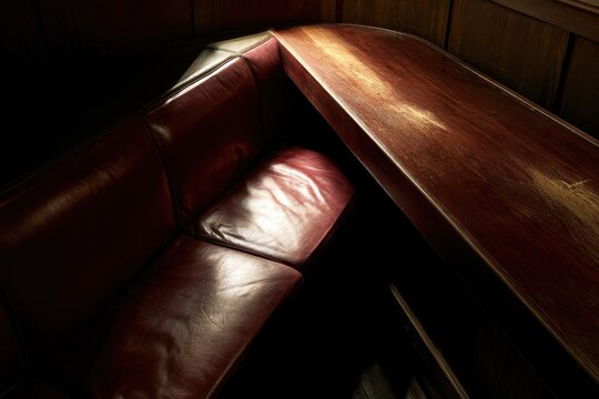 Dimly lit booth with rich leather seating and polished wood table