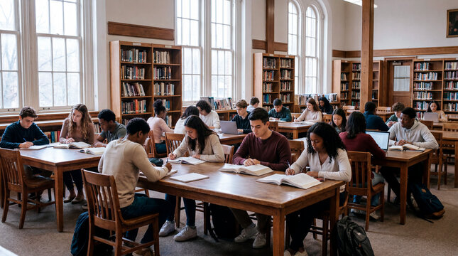 Diverse high school students studying quietly at tables in classic school library