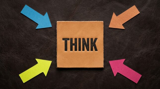 Think concept with colorful arrows pointing at the word think on a brown paper square.