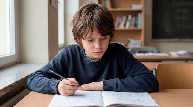 Concentrated schoolboy writing in notebook at desk in traditional classroom setting
