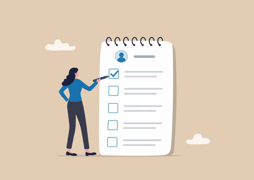 Self assessment, evaluate yourself for personal development or work improvement concept, woman giving check on checkbox in achievement list notepad paper
