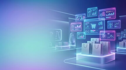 Fototapeta na wymiar Blank shopping bags on digital retail display with futuristic analytics interface