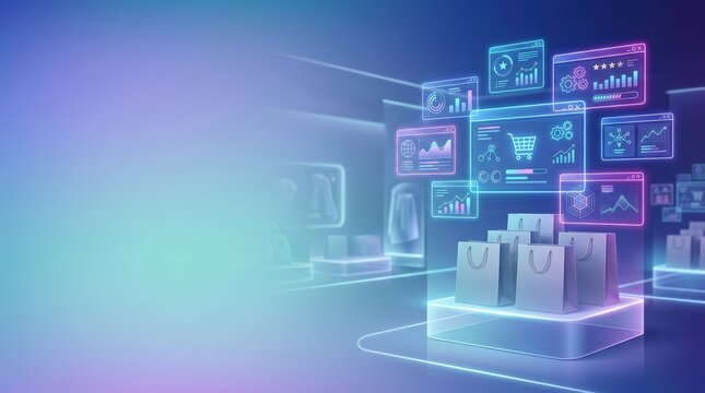 Blank shopping bags on digital retail display with futuristic analytics interface