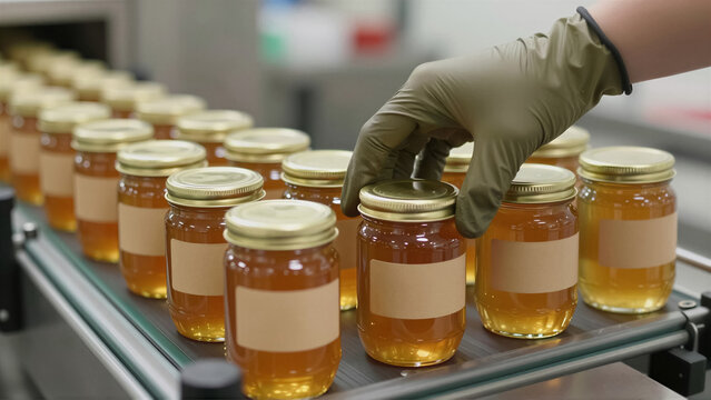 A gloved hand places a honey jar on an industrial conveyor belt during food production. This close-up view highlights efficient packaging and manufacturing in a modern factory setting