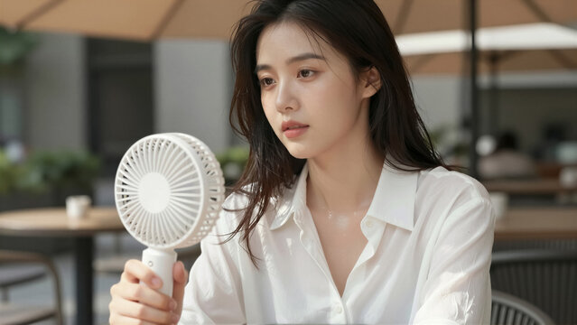 A young Asian woman uses a white portable fan to cool down on a hot summer day at an outdoor cafe. She has visible sweat on her skin while seeking relief from the high temperature