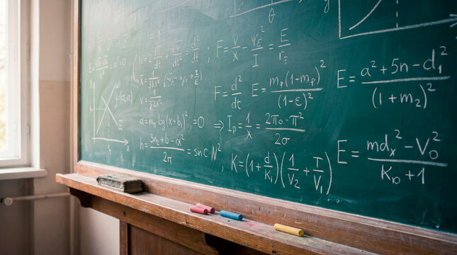 Old school chalkboard displaying handwritten physics formulas with scattered chalk