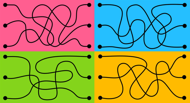 Collection of simple maze puzzles with curved paths for children. Educational worksheet template for preschool, kindergarten, homeschooling, printable games and learning activities.