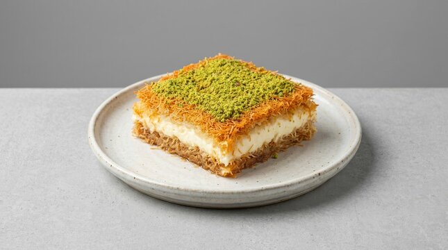 A single piece of delicious Kunafa dessert topped with pistachios on a white plate.