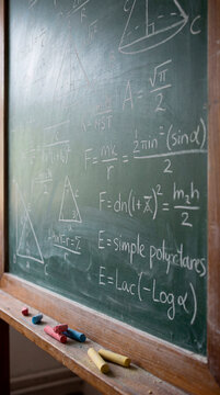 Weathered green chalkboard filled with complex handwritten mathematics formulas closeup