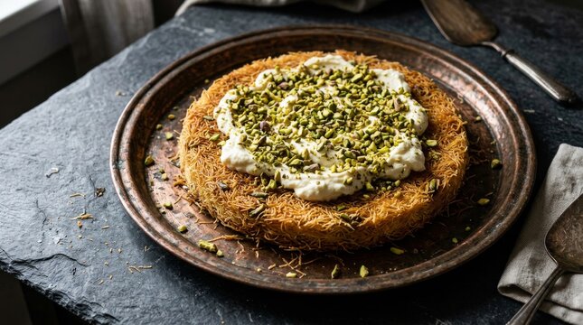 Traditional Middle Eastern Kunafa Dessert with Pistachios and Cream.