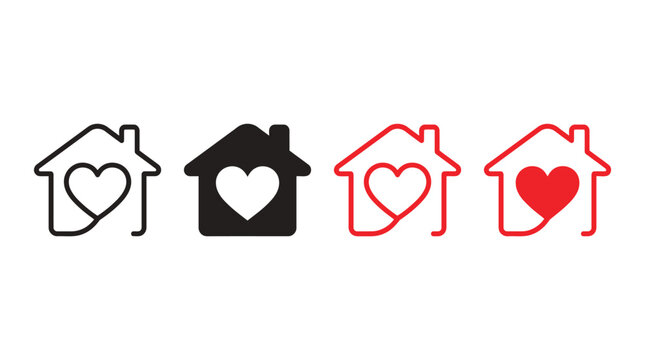 Set of house icons with heart inside, home love symbol, vector illustration