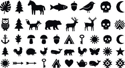 Obraz premium Black Silhouette Icon Set with Wild Animals Nature Elements and Geometric Shapes for Vector Design