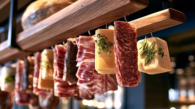 Cured meat and cheese hanging from wooden shelf