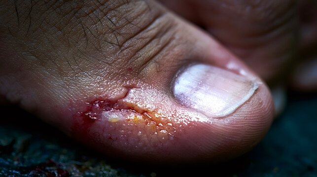 Person's cut toe showing a bleeding injury and wound