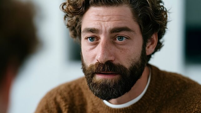 Serious bearded man listening attentively with blue eyes