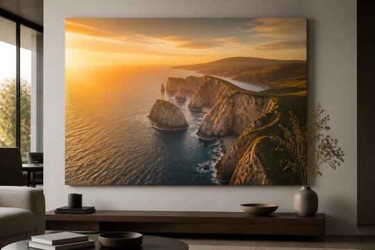 Living room displaying coastal cliff artwork above console