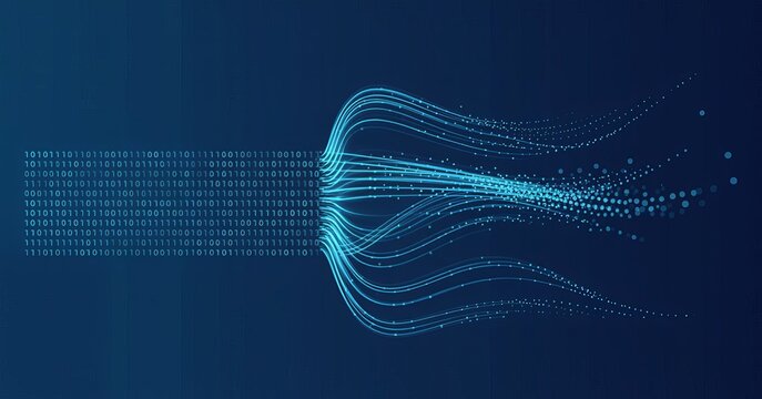 Digital data stream visualization showing binary code transitioning into flowing, glowing blue fiber optic lines and particles, representing information processing and network communication flow