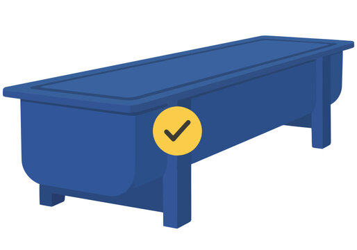 A flat vector illustration of a blue solar thermal pasteurizer indicator. Clean, modern design with a checkmark symbol. Suitable for commercial use.