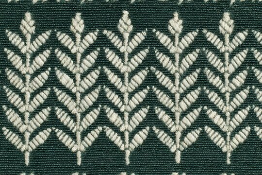 White chevron knit pattern on dark green textured fabric with repeating leaf-like rows